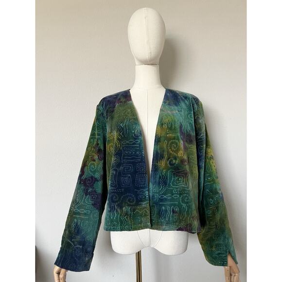 Chico’s Sz 1 US M/8 Embroidered Velvet Watercolor Open Front Jacket Artsy VTG - Picture 1 of 16